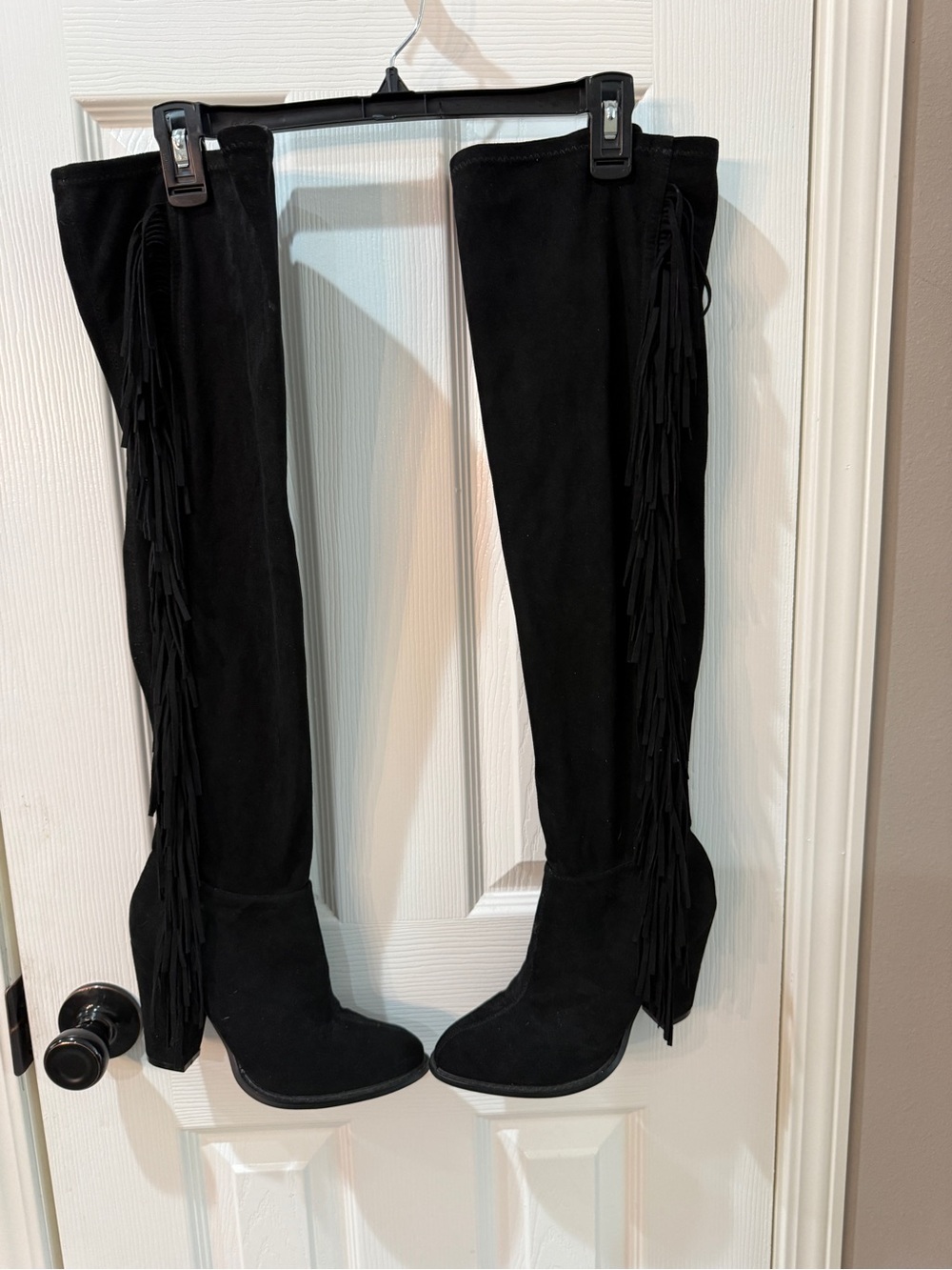 Just Fab - Fringe Over-The-Knee Boots Black Faux Suede Heeled OTK Boots - size 8